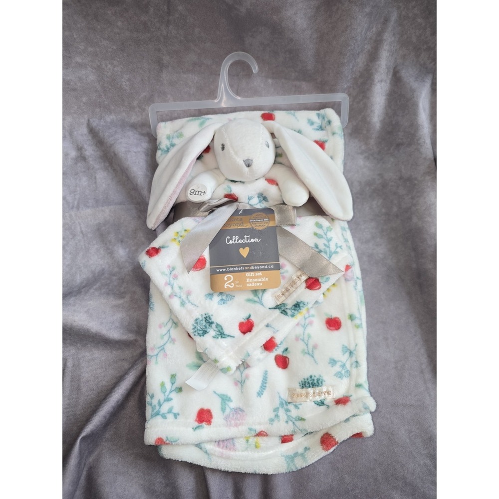 Blankets & Beyond 2 Pc Set Apple  Print Baby Security Blanket Bunny Rabbit Plush